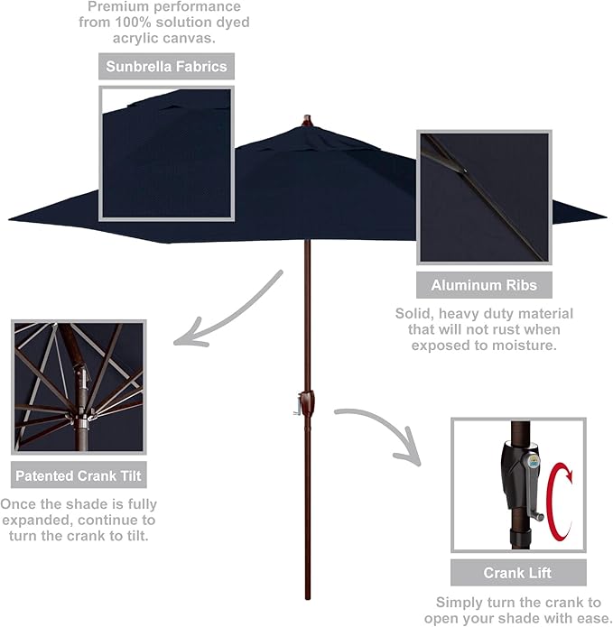 California Umbrella 9' Rd Sunbrella Aluminum Patio Umbrella, Crank Lift, Auto Tilt, Bronze Pole, Spectrum Indigo Fabric