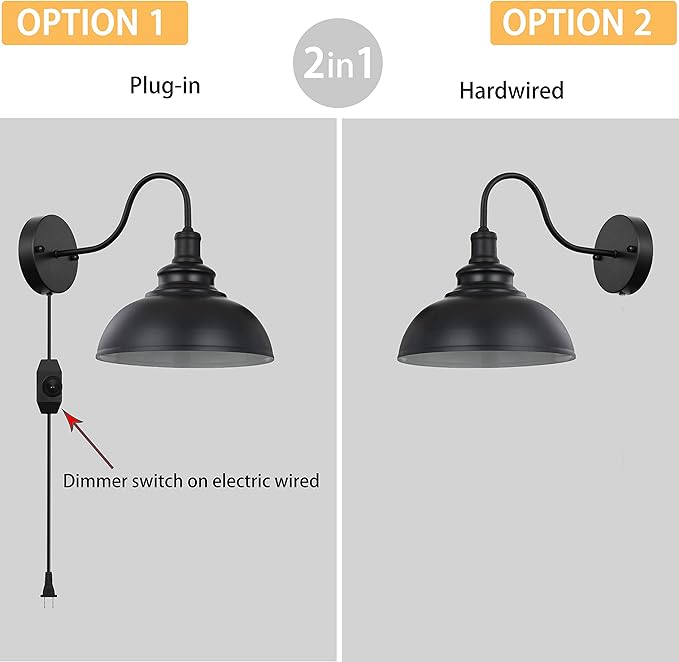Black Gooseneck Industrial Wall Sconces E26 Base with Plug in Wall Lamp Dimmer Switch Vintage Style Wall Light Fixture for Farmhouse Bedroom Bedside Nightstand Headboard Porch Garage of 2 Set Packs