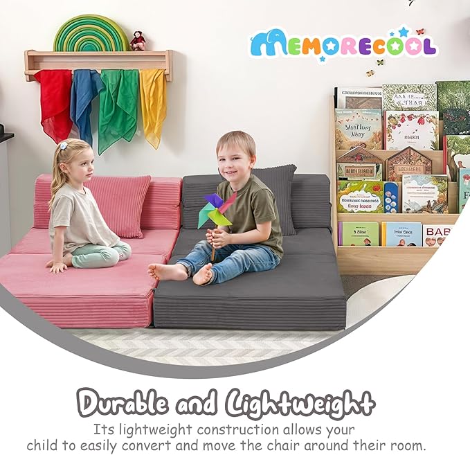 MeMoreCool Kids Folding Sofa Chair – Corduroy Floor Futon, Tri-Fold Mattress, Dark Grey, Portable, Washable Cozy Fold-Out Floor Couch | Foam Lounger for Sitting, Reading, Playroom, Travel