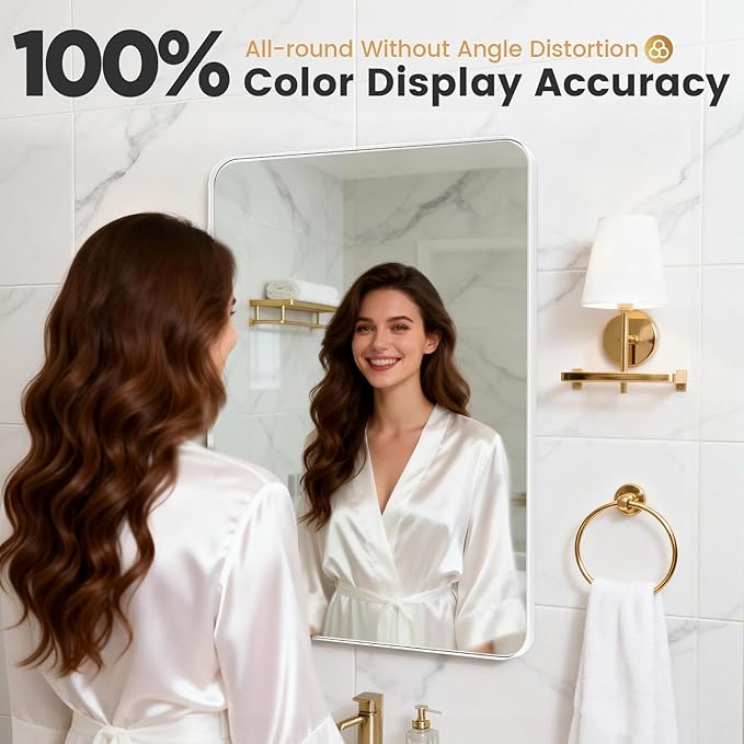 24" x 28" Bathroom Mirror Wall Mounted, Matte Aluminum Alloy Frame with Rounded Corners, Shatterproof Tempered Glass, Anti-Rust HD Vanity Mirror for Bathroom, Bedroom, Entryway (White)