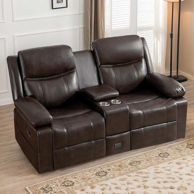 Loveseat Recliner Sofa with Massage & Heating, Reclining Loveseat with Console, RV Wall Hugger Double Loveseat Recliner Couch for Living Room & Home Theater (Brown)