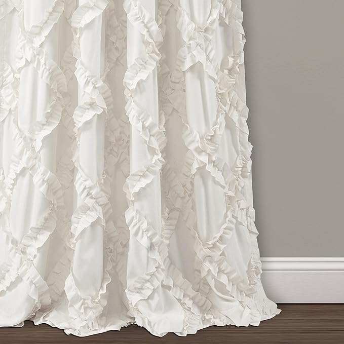 Lush Decor, White Ruffle Diamond Curtains Textured Window Panel Set for Living, Dining Room, Bedroom (Pair), 84” x 54, 2 Count