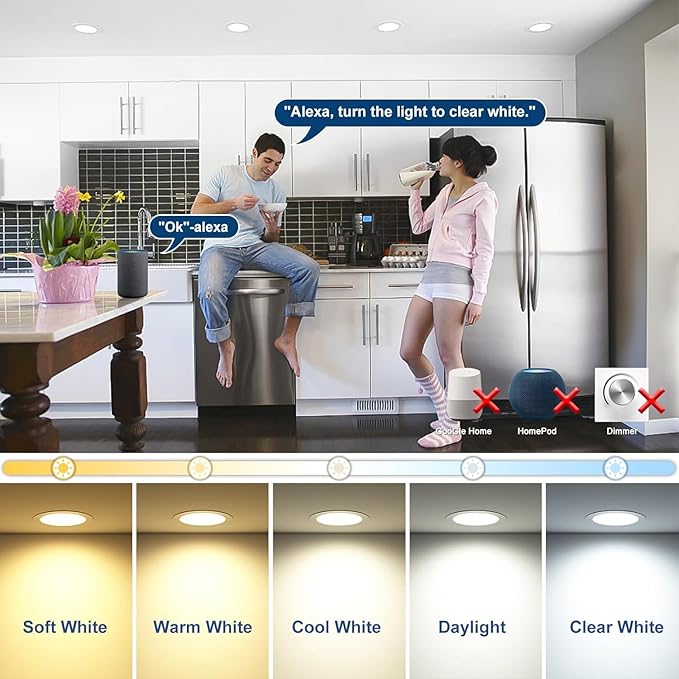 Smart Recessed Lighting 4 Inch Canless LED Recessed Ceiling Light with Junction Box work with Alexa, 2700K~6000K 5CCT Selectable,12W 1000LM High Brightness Wafer Downlight Dimming by Bluetooth-6Pack