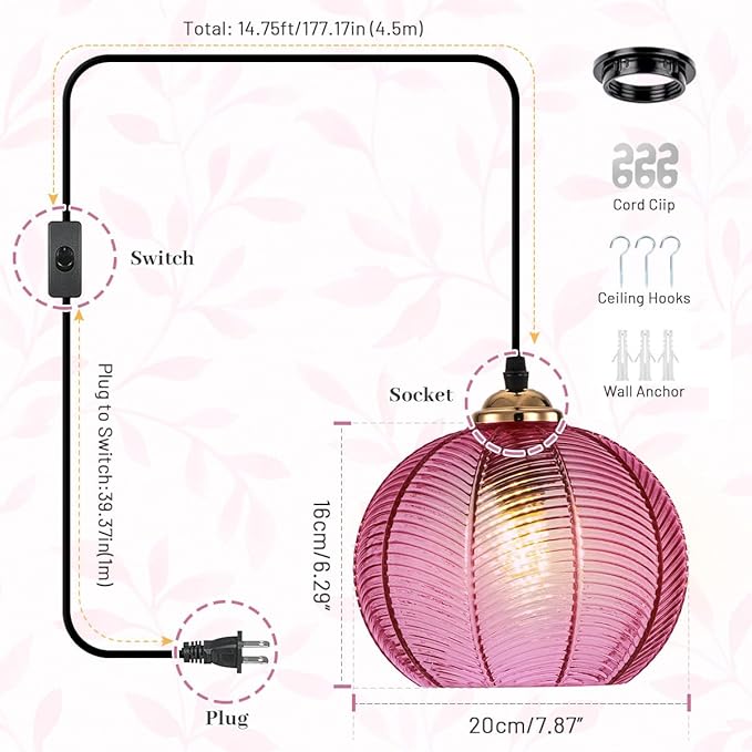 14.75ft Plug in Pendant Light, Vintage Hanging Lamp with Purple shade Glass Plug in Hanging Light Fixture ON Off Switch mid Century Modern Pendant Lights for Dining Room Kitchen Living Room Bedroom