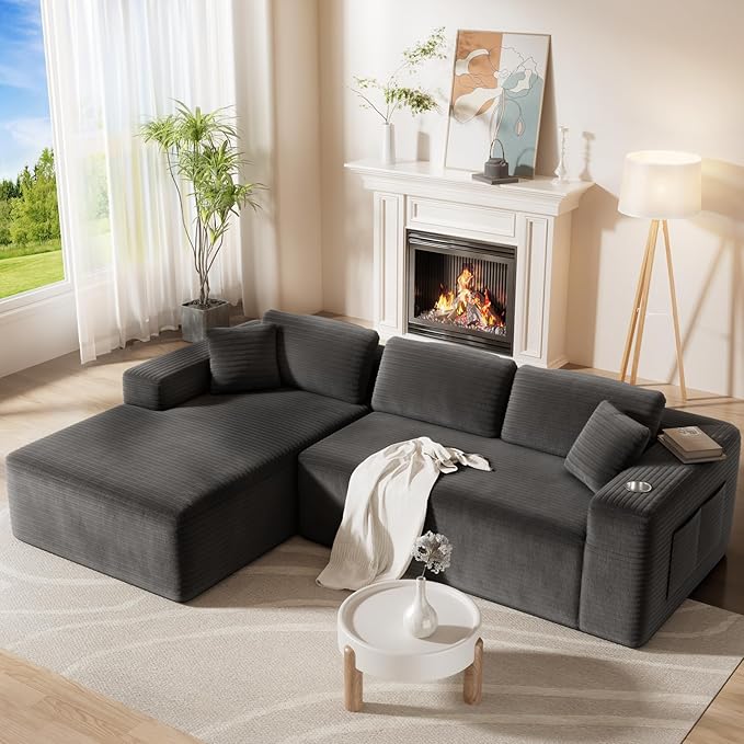 CAMMOO 108” Cloud Sectional Couch in One Box, Compressed Modular Sectional Sofa with Deep Seat, Corduroy Boneless Couches, L-Shaped Sofa for Living Room, 4 Storage Pockets(Left Facing Chaise, Grey)