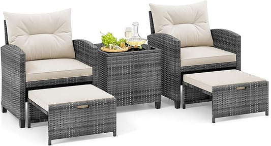Tangkula 5 Pieces Patio Conversation Set, PE Wicker Rattan Outdoor Furniture Set with 2 Chairs, 2 Ottomans & Tempered Glass Coffee Table, Ideal for Poolside, Backyard, Lawn, Deck, Mix Grey & Off White