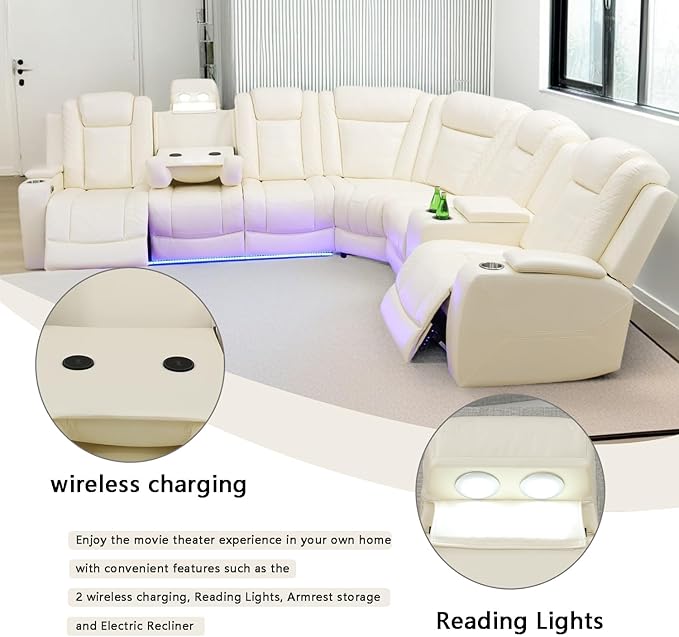 A Ainehome Leather Power Furniture Reclining Sectional Couch, Living Room Power Recliner Adjustable Sofa, Loveseat and Chair with Storage Console for Living Room/Office(Off-White)