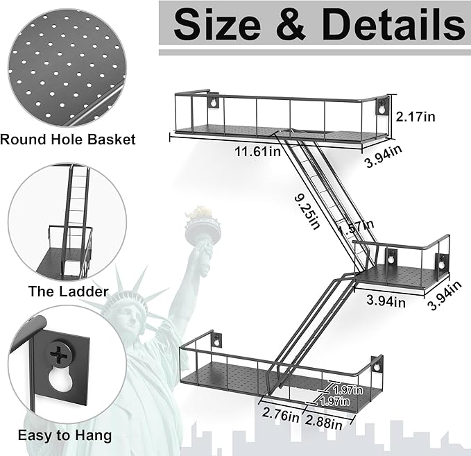 Fire Escape Wall Shelf with Baskets, 3-Tier Metal Fire Escape Ladder Shelf Wall Organizer, New York Inspired Decorative Shelf, Black Floating Action Figurine Display Shelves for Bedroom, Home Décor.