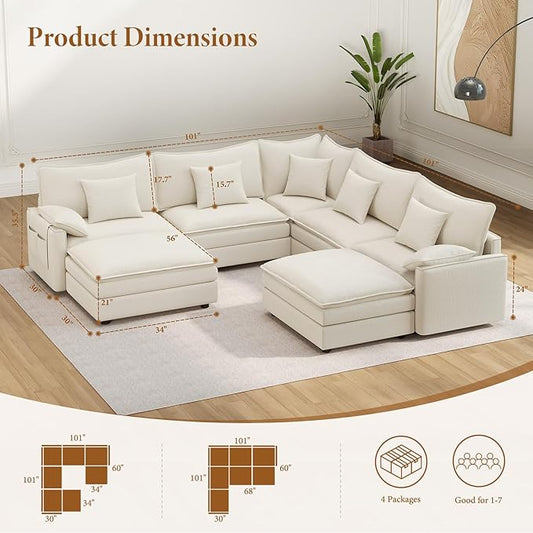 Vesgantti 101" V-Shaped Corner Couch Sectional, 7 Seat Customizable Modular Cloud Couches with Movable Ottoman, Chenille Deep Seat Sofa Set with Chaise for Living Room, Bedroom and Apartment, White | Sink-in Comfort, Height Adjustable, Easy Rearrangeme...