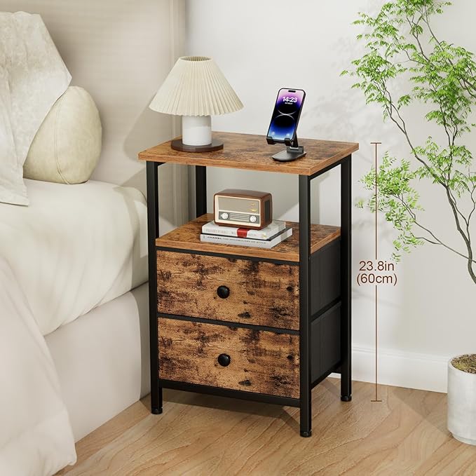 Night Stand for Bedroom, Nightstand with 2 Fabric Drawers, Small Bed Side Table Table with Open Storage Shelf for Living Room, Rustic Brown, HETS002BR-1