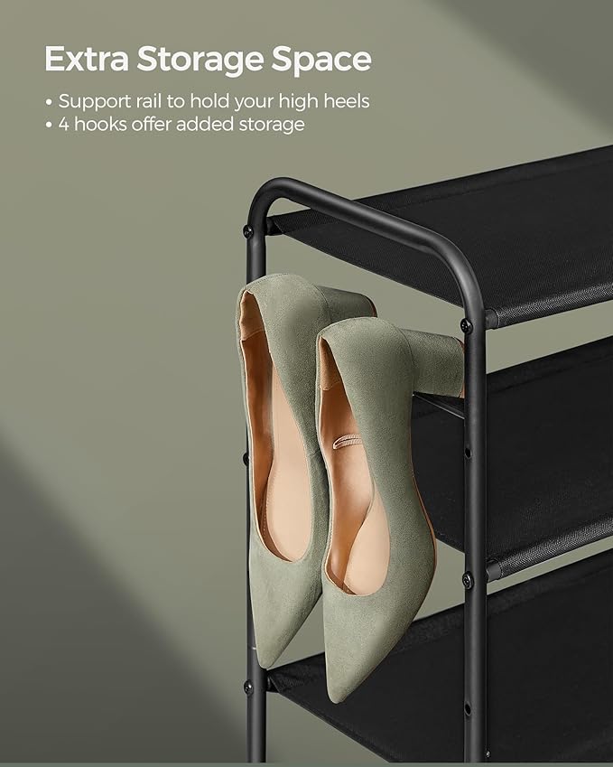 SONGMICS Shoe Rack, 2-Tier Shoe Organizer, Fabric Shoe Shelf Storage with 4 Hooks, Holds up to 12 Pairs of Shoes, Height-Adjustable Shoe Rack for Entryway, Hallway, Closet, Easy Assembly, Ink Black