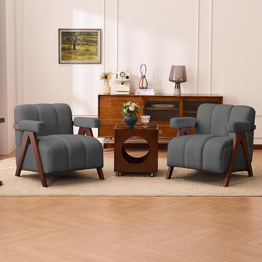 Accent Chairs Set of 2 Mid-Century Modern with Wide Backrest for Bedroom, Upholstered Living Room Chair with Wooden, Lounge Armchair with Thick Cushion, Cute Teddy Comfy Chair, Dark Grey
