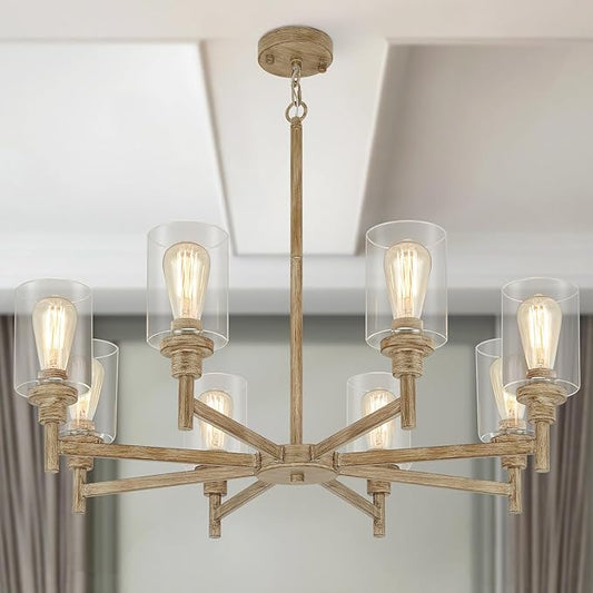 Farmhouse Chandeliers for Dining Room Light Fixture | 8 Light Rustic Chandeliers Over Table | Fake Wood Hanging Lighting with Clear Glass Cover for Living Room | Kitchen Island | Entryway | Bathroom