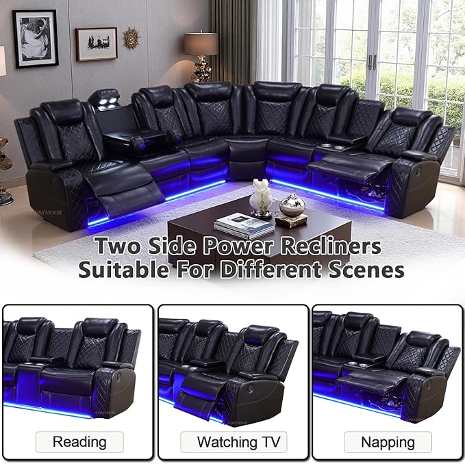 Power Recliner Sectional Sofa with LED Light for Living Room, Black Leather Reclining Sofa Corner Sectional Couches Set, Cup Holder, Storage Console for Home Theater Seating