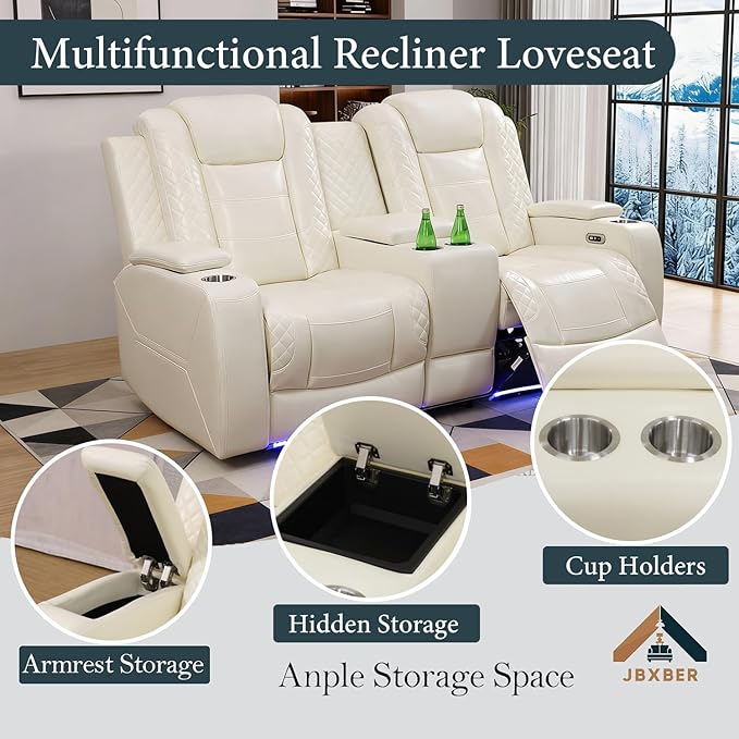 Power Recliner Sectional Sofa Set, Creamy Leather Sectional Couch and Loveseat for Living Room, L Shape Reclining Sofa with Cup Holder, Hidden Storage, Drop-Down Table for House(8 Seat)