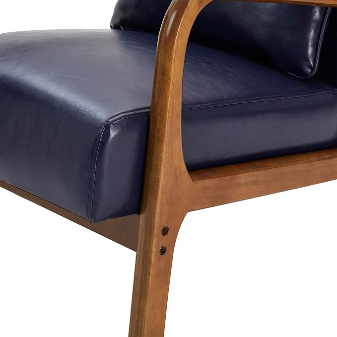 Glitzhome 30.75" H Mid Century Navy Blue Accent Armchair, Single Reading Armchair PU Leather Lounge Chair with Walnut Ruberwood Frame