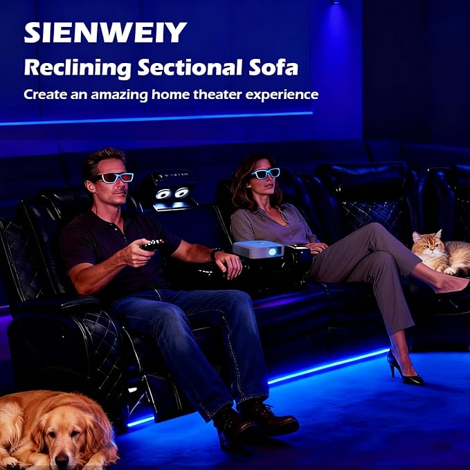 Leather Power Recliner Sectional Sofa Set with LED Light,L Shaped Leather Couch Set with 5 Recliner Seats,Modular Couch with USB Ports for Living Room Furniture(Black, Sectional+Sofa+Chair)