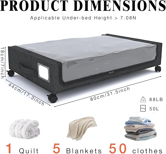 2-Pack Under Bed Storage with Wheels, Durable Metal Frame & 600D Oxford Fabric, Large Capacity for Clothes, Shoes, Toys. Clear Window Design, Home Storage Solution for Bedroom Furniture