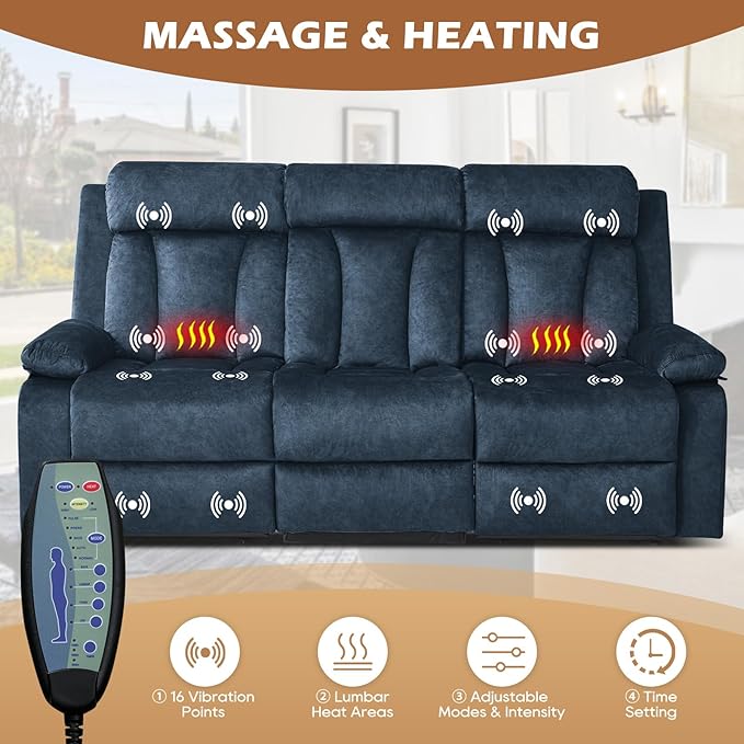 Power Reclining Sofa with Heat and Massage, Electric Reclining Couch with Drop Down Table,Cup Holders, Dual Ports, Wall Hugger Recliner Sofa for Living Room,Home Theater (Blue, Sofa)