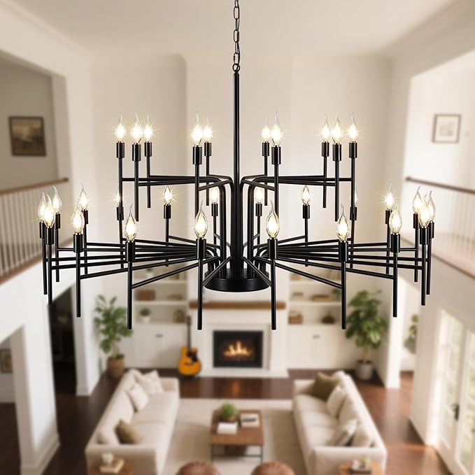 Black Chandelier 30 Light Large Modern Farmhouse Chandeliers for Dining Room Lights Fixture, 47" Round Candle Large Chandeliers for High Ceilings Living Room Foyer Entryway 2 Tier