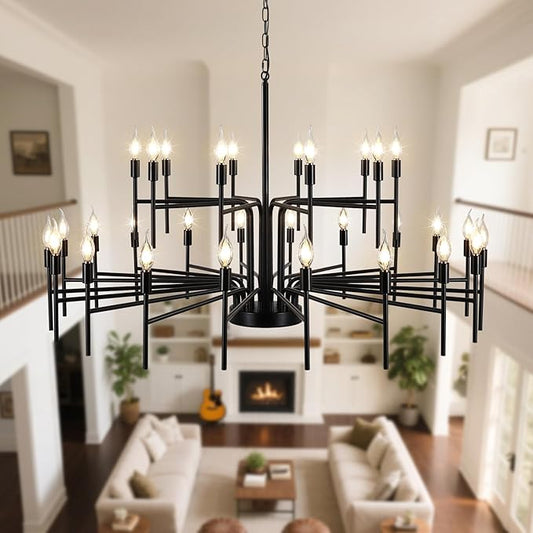 Black Chandelier 30 Light Large Modern Farmhouse Chandeliers for Dining Room Lights Fixture, 47" Round Candle Large Chandeliers for High Ceilings Living Room Foyer Entryway 2 Tier