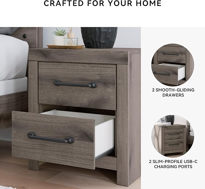 Signature Design by Ashley Urbanoore Retro 2-Drawer Nightstand with USB Ports, Light Gray