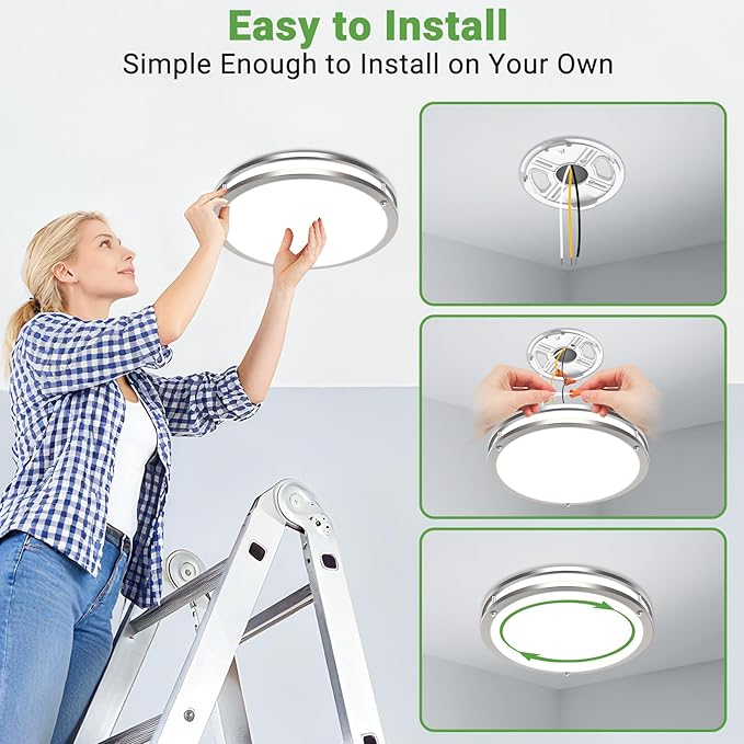zemty 1Pack 13Inch Brushed Nickel LED Flush Mount Ceiling Lights, Dimmable 3000K-6500K, 24W 2400LM Damp-Rated Stainless Steel Light Fixture for Kitchen Bathroom Bedroom Closet Laundry