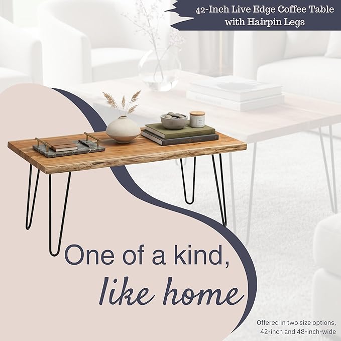 Alaterre Furniture Live Edge Wood Coffee Table with Hairpin Metal Legs – Rustic Modern Farmhouse Living Room Table with Acacia Wood Top (42 Inch)