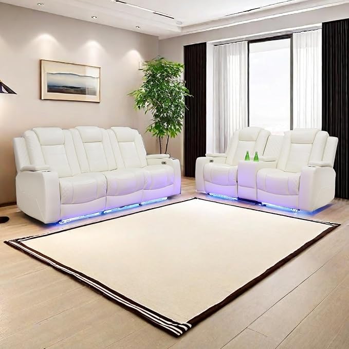 A Ainehome Power Leather Recliner Sofa Set with LED Lights, Recliner Sofa Sectional Couches for Living Room, Reclining Sofa and loveseat with USB Port/Storage Console(Creamy White,Sofa+loveseat)