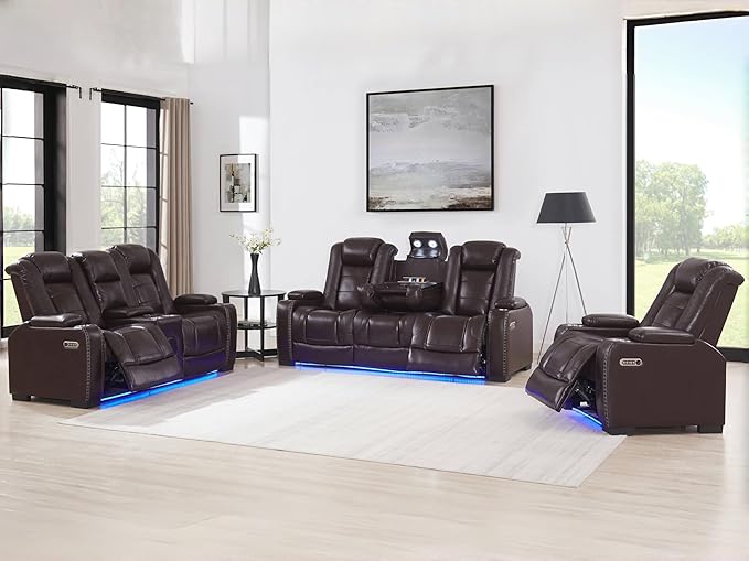 THSUPER Power Brown Leather Recliner Sofa for Living Room Furniture Sets with Arm Storage and Power Headrest, Leather Living Room Reclining Couch Set with Wireless Charge and Bluetooth Speaker. | Breathable material, LED ambient light, Reading light, H...