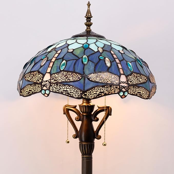 Tiffany Floor Lamp Blue Dragonfly Stained Glass Standing Reading Light 16X16X64 Inches Antique Pole Corner Lamp Decor Bedroom Living Room
