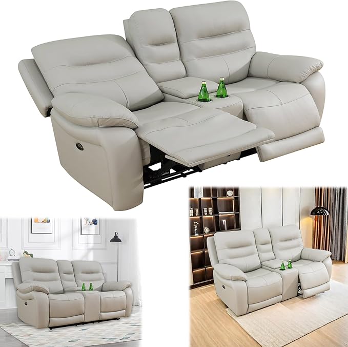 Power Reclining Sofa Set, Genuine Leather Recliner Sofa Set,Living Room Furniture Setwith USB Charging and LED Lights,for Living Room/Apartment/Office/Home Theather,Light Grey,L