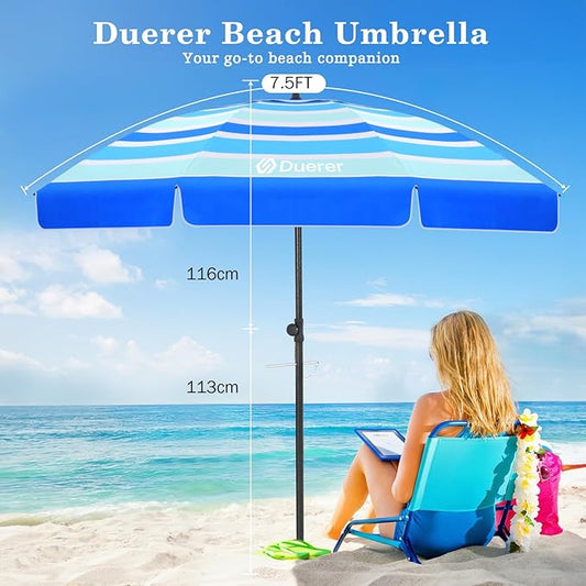 Duerer 7.5FT Beach Umbrella with Sand Anchor–Heavy Duty Windproof UPF 50+ Sun Shade, Portable Travel Beach Umbrella with Tilt & Carry Bag for Beach, Sand, Garden, Patio, Pool