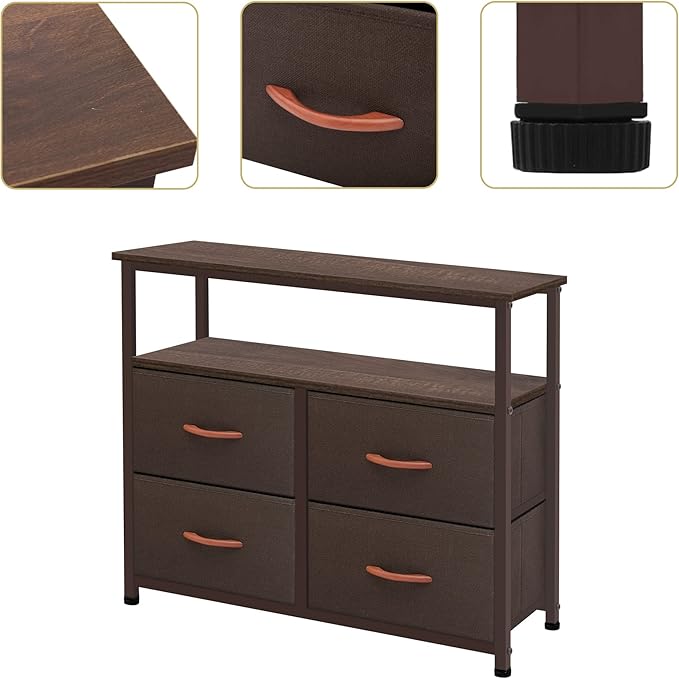 Dresser for Bedroom, 4 Drawer Organizer Unit with Open Shelves, Sturdy Steel Frame, Wooden Top Fabric Dressers & Chest of Drawers for Nursery, Living Room, Office, Closet Storage, Coffee