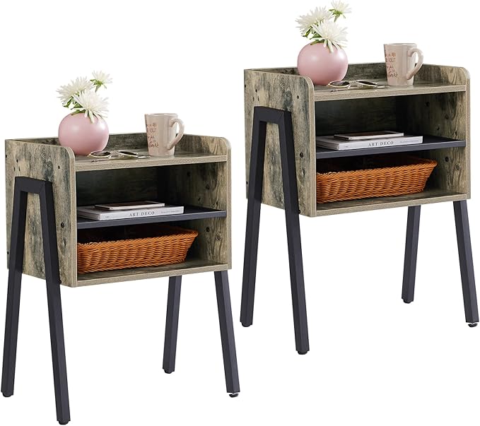 VECELO Night Stand Set of 2,Industrial Side End Table/Stackable Accent Furniture with 2-Tier Open Storage Compartments for Bedroom, Living Room and Small Spaces