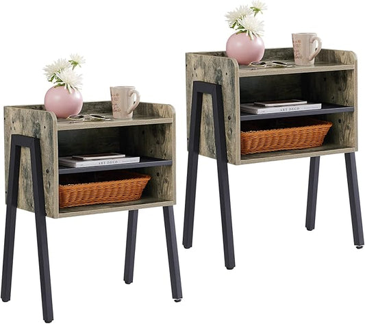 VECELO Night Stand Set of 2,Industrial Side End Table/Stackable Accent Furniture with 2-Tier Open Storage Compartments for Bedroom, Living Room and Small Spaces