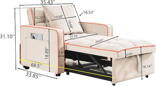 Sleeper Chair, Pull Out Chair Sleeper with Adjustable Back & Pocket, Convertible Chairs Bed Sleepers for Adults, 3 in 1 Sofa Bed Chairs for Small Spaces, Living Room, White