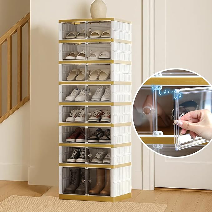 Foldable Shoe Rack Organizer Folding Shoe Boxes, 9 Tier 18 Pairs Storage Shoe Cabinet Collapsible Shoe Rack with Magnetic Clear Door Easy Assembly Shoe Cabinet with Wheels, White Gold