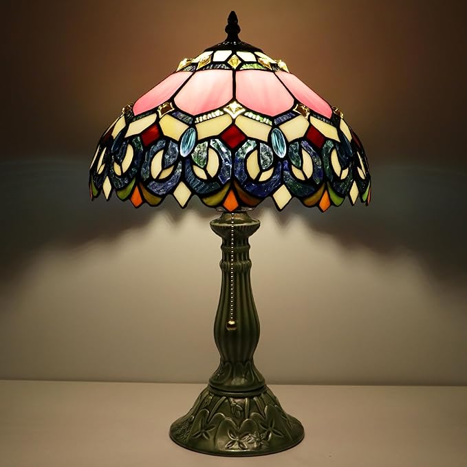 Tiffany Lamp Stained Glass Table Lamps Pink Jewelry Baroque Style Desk Lamp 12X12X18.5 Inch Bronze Ceramic Base Reading Light Suitable for Bedside Bedroom Living Room Dining Room Office