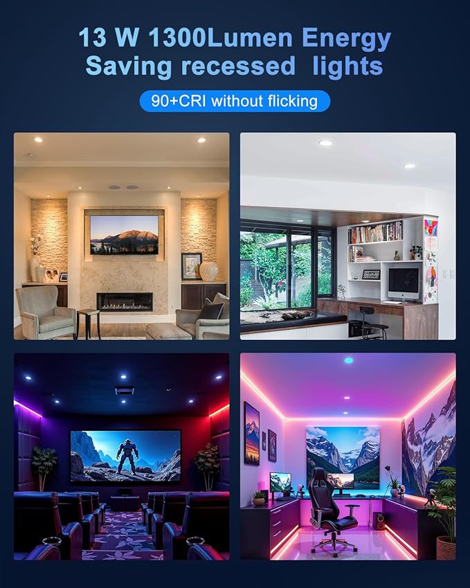 Smart Recessed Lighting 6 Inch, RGBCW Color Changing Smart Can Light Bluetooth Connect, Flicker Free, 13W 1300LM, Dimmable Retrofit Downlight Works with Alexa Voice & App Control, ETL, 6 Pack