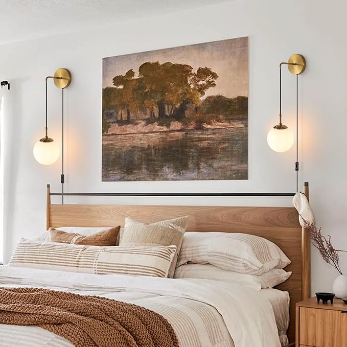 Wall Sconces Set of Two Plug in Wall Sconces Brushed Brass Gold Wall Lamp with Cord Wall Sconce Plug in with Globe White Glass Shade Sconces Set of 2 Wall Light Sconce