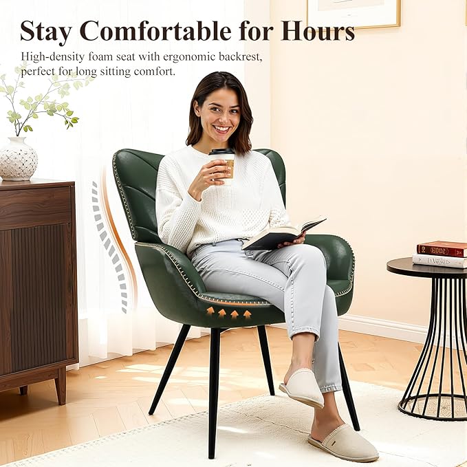 Mid-Century Modern Green Faux Leather Accent Chair, Upholstered Armchair for Living Room/Bedroom/Reading Corner, Curved Back & Padded Arms, High-Density Cushion, Metal Legs, Easy-to-Clean Design