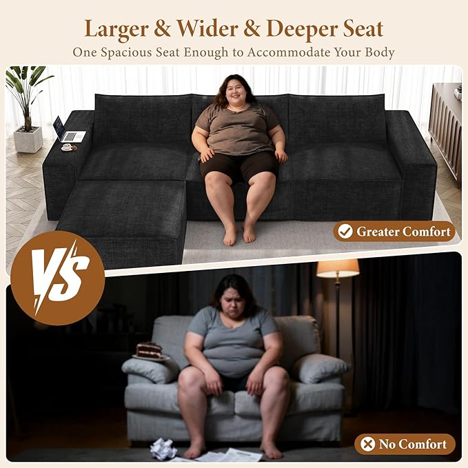 Vesgantti 114" Modular Boneless Couch, Convertible Chenille L Shaped Cloud Couches for Living Room, Modern Cozy Sectional Sofa with Deep Seat, No Assembly Required, Black