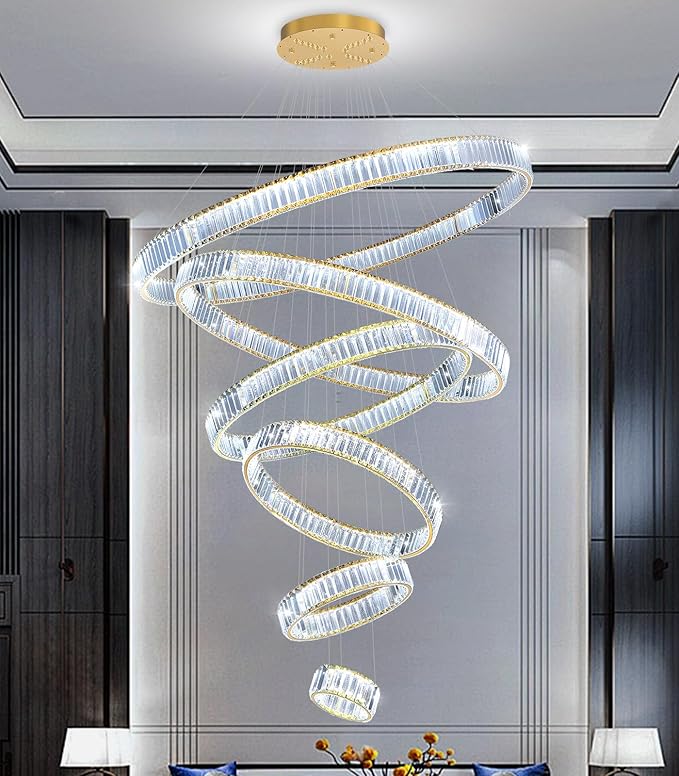 Large Ring Chandelier Modern Crystal Chandeliers for High Ceiling Round LED Dimmable Ceiling Light Fixture for Foyer Long Stair Gold 8''+16''+24''+32''+40''+47''