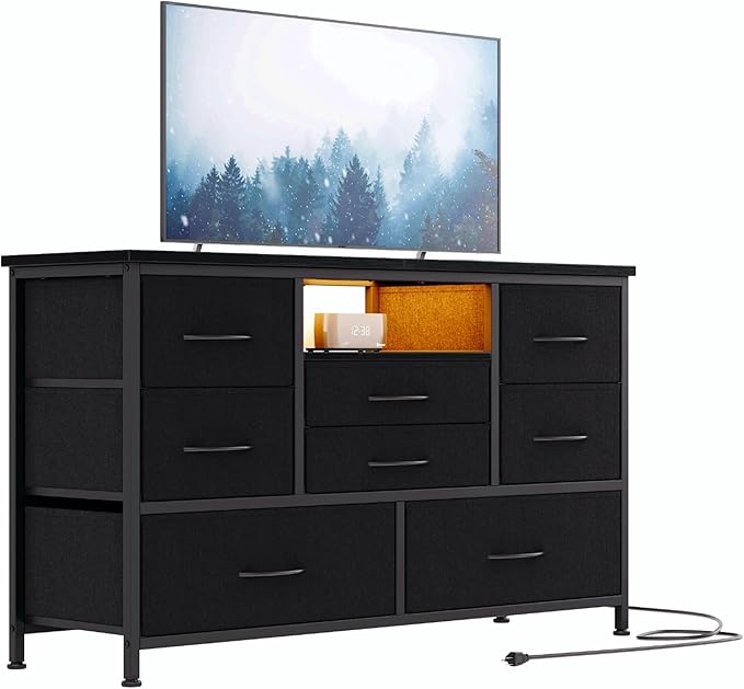 Jojoka 8-Drawer LED Dresser TV Stand with Power Outlet for 55'' TV - Wide Storage Chest for Bedroom, Living Room & Entryway, Wood Top Console Table with 22 Light Modes