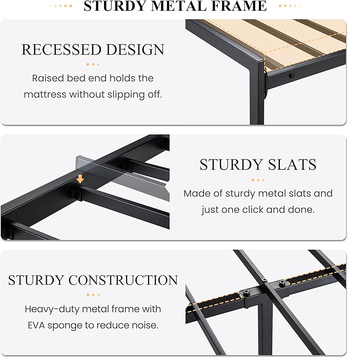 SHA CERLIN King Size Bed Frame with Headboard Shelf and Strong Metal Foundation, No Box Spring Needed, Black