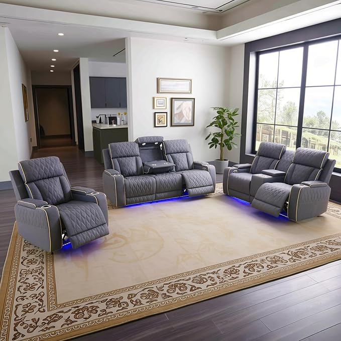 Power Leather Recliner Sofa Set with LED Light,Reclining Couch Set with USB Charger/Cup Holder/Storage,Leather Couch for Living Room Furniture Sets(3+2+1 Seats,Matte Navy)