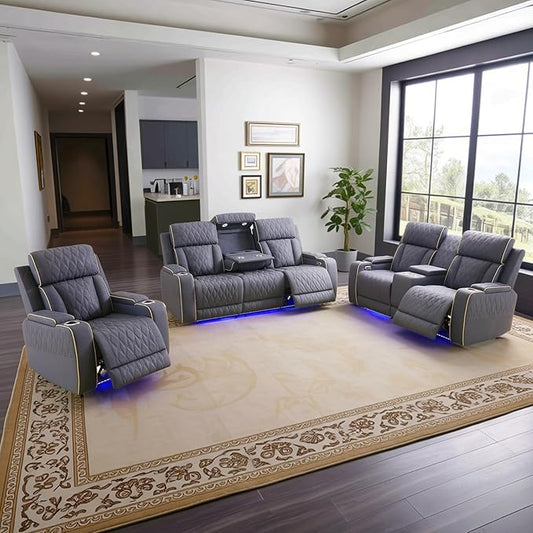 Power Leather Recliner Sofa Set with LED Light,Reclining Couch Set with USB Charger/Cup Holder/Storage,Leather Couch for Living Room Furniture Sets(3+2+1 Seats,Matte Navy)