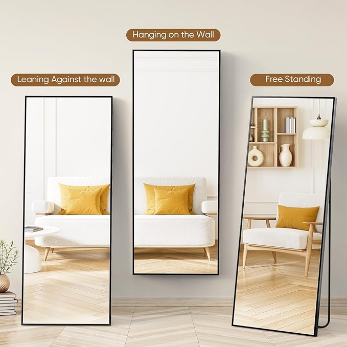 OLIXIS Full Length Mirror 71.1"x25.5" for Bedroom, Full Body Mirror with Stand, Hanging or Leaning for Wall, Aluminum Alloy Thin Frame Floor Standing for Living Room, Long, Deep Black