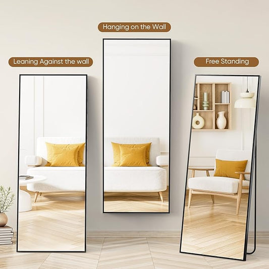 OLIXIS Full Length Mirror 71.1"x25.5" for Bedroom, Full Body Mirror with Stand, Hanging or Leaning for Wall, Aluminum Alloy Thin Frame Floor Standing for Living Room, Long, Deep Black